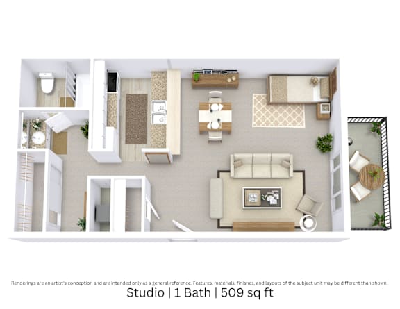 This is a 3D-floor plan providing a detailed, angled view of the space with room layouts, furniture placement, and spatial flow. Features a Studio, 1 bathroom, and approximately 509 Sq. Ft