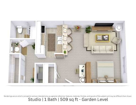 This is a 3D-floor plan providing a detailed, angled view of the space with room layouts, furniture placement, and spatial flow. Features a Studio, 1 bathroom, and approximately 509 Sq. Ft
