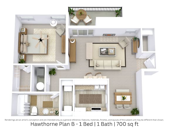 This is a 3D floor plan illustrating the layout and furnishings of a 1-bedroom, 1-bath apartment, totaling around 700 square feet.