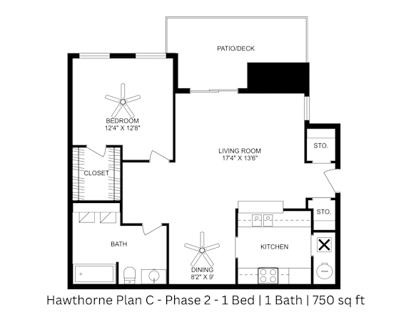 2D floor plan showing labeled areas and room dimensions for a 1 bed, 1 bath apartment. Approx. 750 sq. ft.