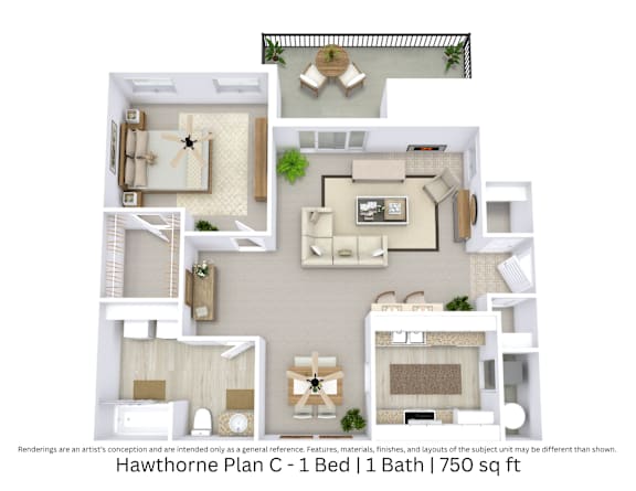 This 3D floor plan shows a furnished 1-bedroom, 1-bath apartment, emphasizing room arrangement and living flow within 750 square feet.