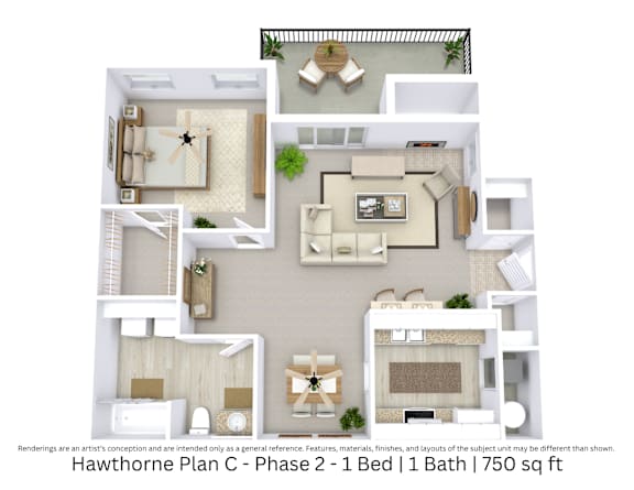 3D floor plan showing furniture placement and flow for a 1 bed, 1 bath apartment. Approx. 750 sq. ft.