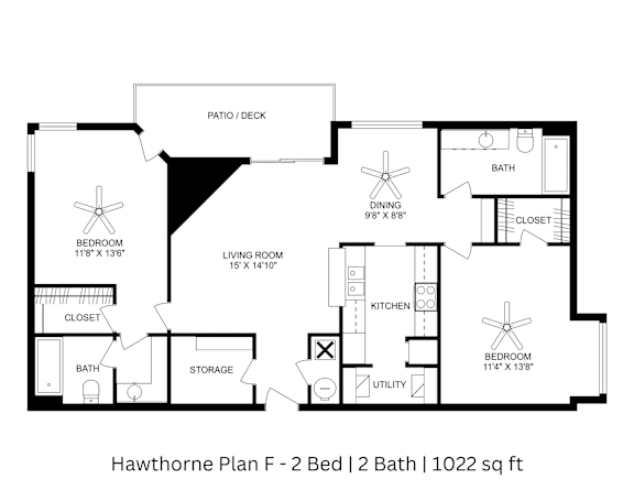 This 3D floor plan displays the interior design and furniture arrangement of a 2-bedroom, 2-bath apartment with 1,022 square feet of living space.