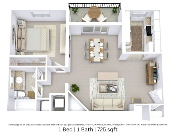 This is a 3D-floor plan providing a detailed, angled view of the space with room layouts, furniture placement, and spatial flow. Features 1 bedroom/s, 1 bathroom/s, and approximately 725 Sq. Ft