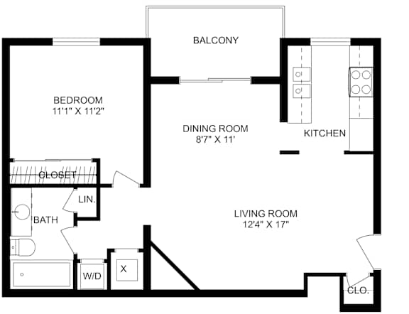 This is a 2D-floor plan showing the space layout with labeled rooms, walls, and dimensions. It includes 1 bedroom, 1 bathroom, and approximately 725 square feet.