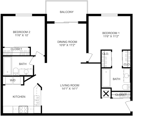 This is a 2D-floor plan showing the space layout with labeled rooms, walls, and dimensions. It includes 2 bedrooms, 2 bathrooms, and approximately 1075 square feet.
