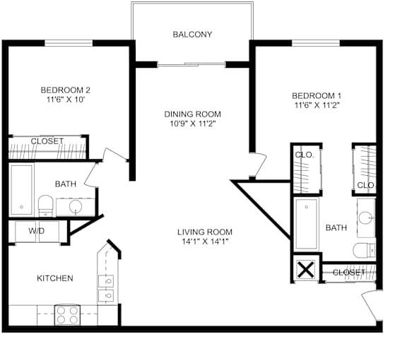 This is a 2D-floor plan showing the space layout with labeled rooms, walls, and dimensions. It includes 2 bedrooms, 2 bathrooms, and approximately 1075 square feet.