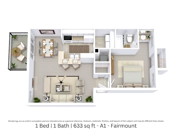 This is a 3D-floor plan providing a detailed, angled view of the space with room layouts, furniture placement, and spatial flow. Features 1 bedrooms, 1 bathrooms, and approximately 633 Sq. Ft.