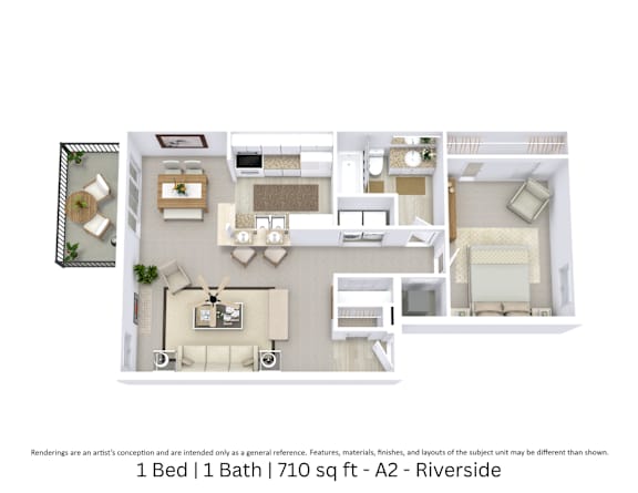 3D floor plan with angled view, room layout, and furniture placement for a 1 bed, 1 bath apartment at 710 Sq. Ft.