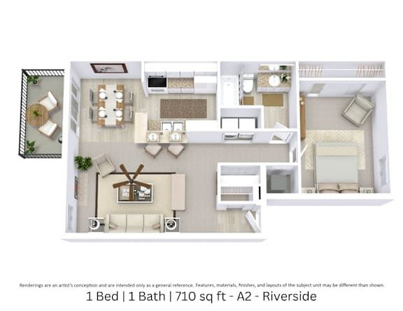 This is a 3D-floor plan providing a detailed, angled view of the space with room layouts, furniture placement, and spatial flow. Features 1 bedrooms, 1 bathrooms, and approximately 710 Sq. Ft.