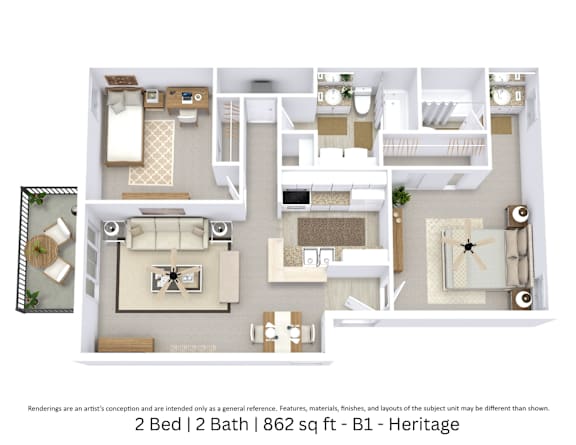 This is a 3D-floor plan providing a detailed, angled view of the space with room layouts, furniture placement, and spatial flow. Features 2 bedrooms, 2 bathrooms, and approximately 862 Sq. Ft.