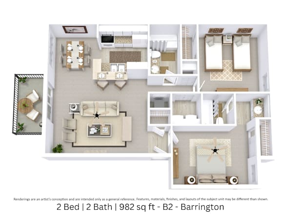 This is a 3D-floor plan providing a detailed, angled view of the space with room layouts, furniture placement, and spatial flow. Features 2 bedrooms, 1.5 bathrooms, and approximately 982 Sq. Ft.