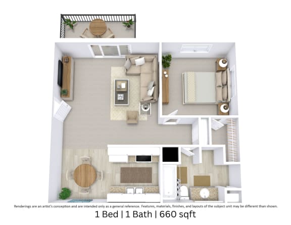 This is a 3D-floor plan providing a detailed, angled view of the space with room layouts, furniture placement, and spatial flow. Features 1 bedroom/s, 1 bathroom/s, and approximately 660 Sq. Ft