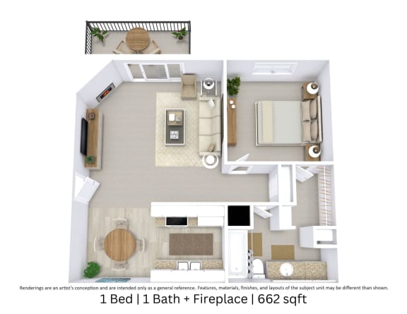 This is a 3D-floor plan providing a detailed, angled view of the space with room layouts, furniture placement, and spatial flow. Features 1 bedroom/s, 1 bathroom/s, and approximately 662 Sq. Ft