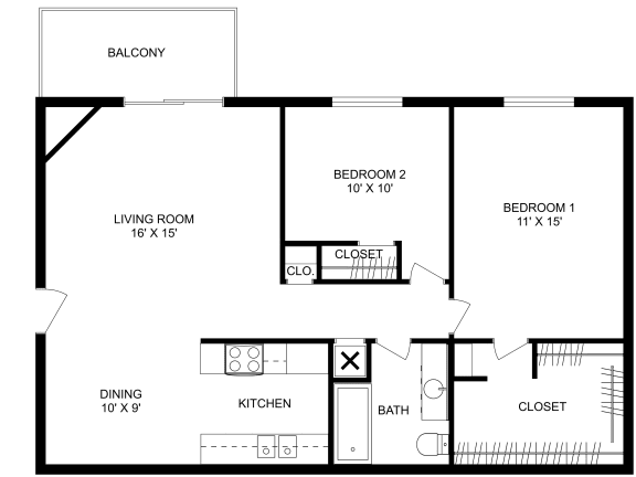This is a 2D-floor plan showing the space layout with labeled rooms, walls, and dimensions. It includes 2 bedroom/s, 1 bathroom/s, and approximately 912 Sq. Ft