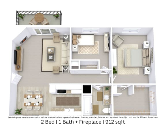 This is a 3D-floor plan providing a detailed, angled view of the space with room layouts, furniture placement, and spatial flow. Features 2 bedroom/s, 1 bathroom/s, and approximately 912 Sq. Ft