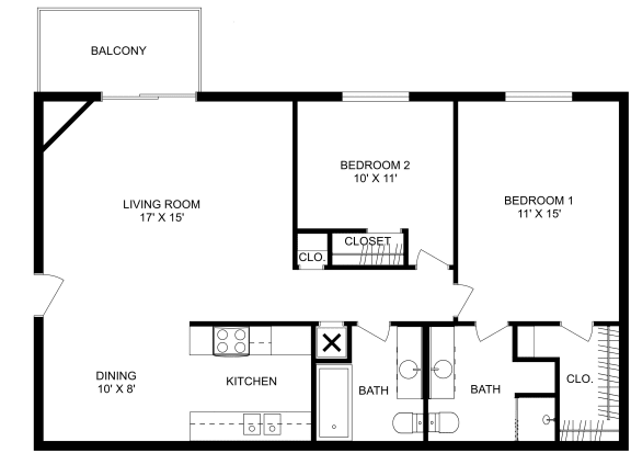 This is a 2D-floor plan showing the space layout with labeled rooms, walls, and dimensions. It includes 2 bedroom/s, 2 bathroom/s, and approximately 960 Sq. Ft
