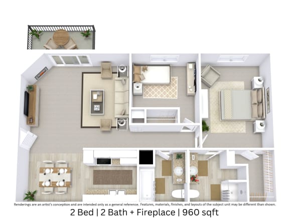 This is a 3D-floor plan providing a detailed, angled view of the space with room layouts, furniture placement, and spatial flow. Features 2 bedroom/s, 2 bathroom/s, and approximately 960 Sq. Ft