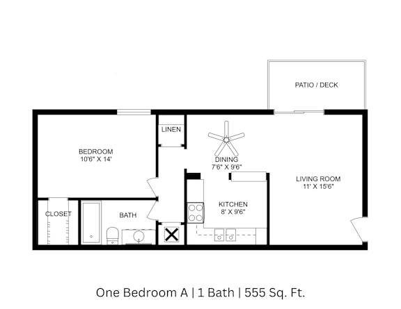 2D floor plan showing the layout of One Bedroom A with one bathroom, labeled areas, and approximately 555 Sq. Ft.