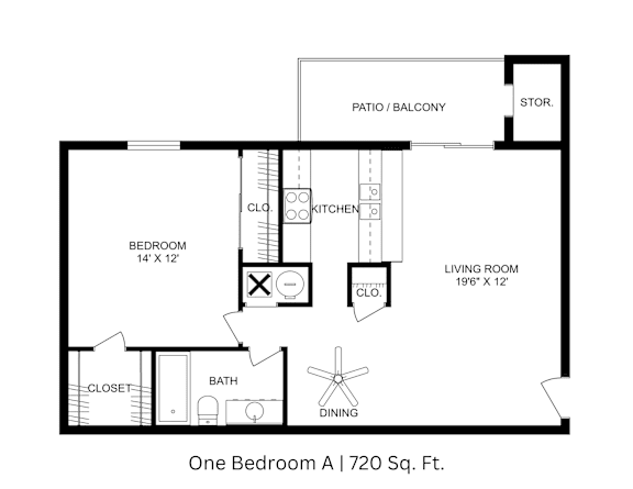 2D floor plan showing labeled rooms, walls, and layout for a 1-bedroom, 1-bathroom apartment at 720 sq. ft.