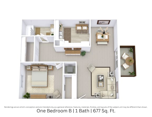 3D floor plan with a detailed angled perspective of the One Bedroom B layout, showing furniture placement across 677 Sq. Ft.