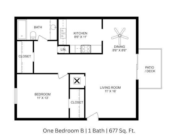 2D floor plan of the One Bedroom B apartment showing labeled layout across 677 sq. ft.