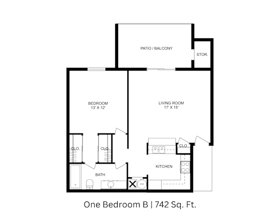 2D floor plan showing labeled rooms, walls, and layout for a 1-bedroom, 1-bathroom apartment at 742 sq. ft.