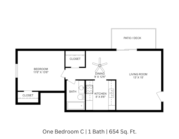 2D floor plan of One Bedroom C displaying labeled rooms, one bathroom, and a total of approximately 654 Sq. Ft.