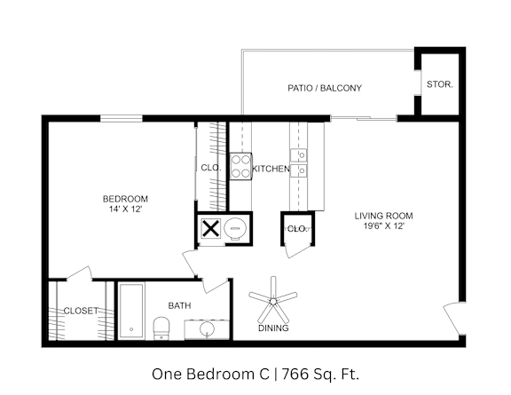 2D floor plan showing labeled rooms, walls, and layout for a 1 bedroom, 1 bathroom apartment at 766 Sq. Ft.