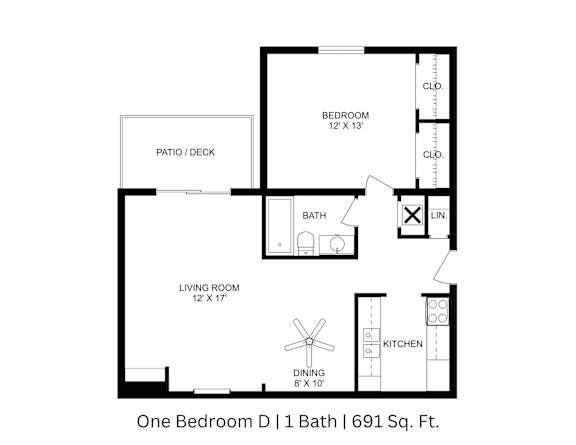 2D floor plan displaying the layout of One Bedroom D with labeled spaces, one bathroom, and approximately 691 Sq. Ft.