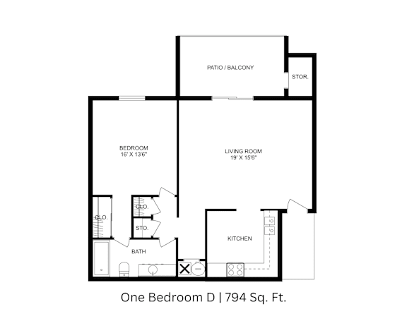 2D floor plan showing labeled rooms, walls, and layout for a 1-bedroom, 1-bathroom apartment at 794 sq. ft.