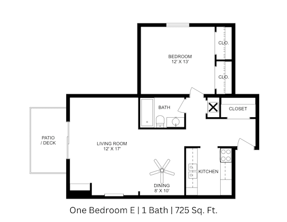 2D floor plan of One Bedroom E featuring labeled rooms, one bathroom, and a total area of approximately 725 Sq. Ft.