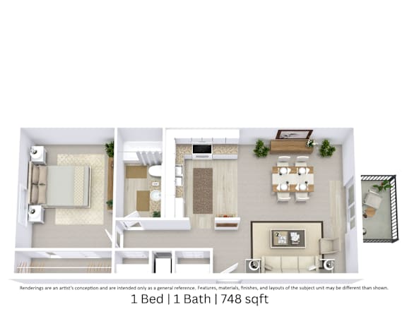 This is a 3D-floor plan providing a detailed, angled view of the space with room layouts, furniture placement, and spatial flow. Features 1 bedroom/s, 1 bathroom/s, and approximately 748  Sq. Ft