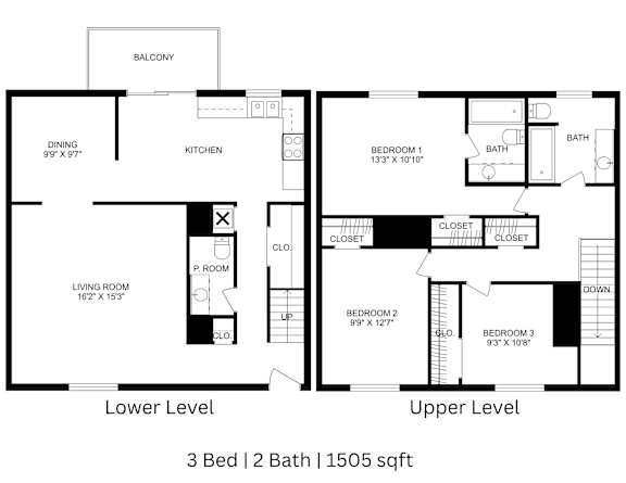 This is a 2D-floor plan showing the space layout with labeled rooms, walls, and dimensions. It includes 3 bedroom/s, 2 bathroom/s, and approximately 1550 Sq. Ft