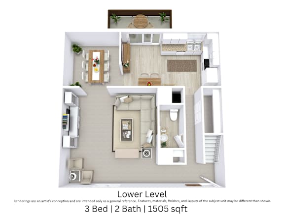 This is a 3D-floor plan providing a detailed, angled view of the space with room layouts, furniture placement, and spatial flow. Features 3 bedroom/s, 2 bathroom/s, and approximately 1550 Sq. Ft