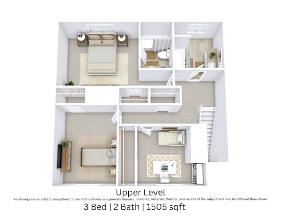 This is a 3D-floor plan providing a detailed, angled view of the space with room layouts, furniture placement, and spatial flow. Features 3 bedroom/s, 2 bathroom/s, and approximately 1550 Sq. Ft