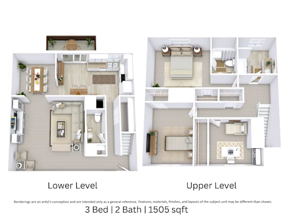 This is a 3D-floor plan providing a detailed, angled view of the space with room layouts, furniture placement, and spatial flow. Features 3 bedroom/s, 2 bathroom/s, and approximately 1550 Sq. Ft