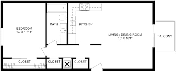 This is a 2D-floor plan showing the space layout with labeled rooms, walls, and dimensions. It includes 1 bedroom/s, 1 bathroom/s, and approximately 748  Sq. Ft