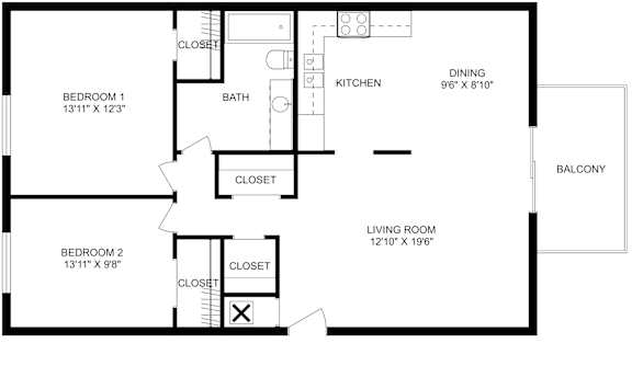 This is a 2D-floor plan showing the space layout with labeled rooms, walls, and dimensions. It includes 2 bedroom/s, 1 bathroom/s, and approximately 1012 Sq. Ft