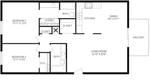 This is a 2D-floor plan showing the space layout with labeled rooms, walls, and dimensions. It includes 2 bedroom/s, 2 bathroom/s, and approximately 1160 Sq. Ft