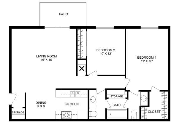 This is a 2D-floor plan showing the space layout with labeled rooms, walls, and dimensions. It includes 2 bedroom/s, 1.5 bathroom/s, and approximately 980 Sq. Ft