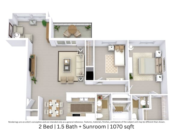 This is a 3D-floor plan providing a detailed, angled view of the space with room layouts, furniture placement, and spatial flow. Features 2 bedroom/s, 1.5 bathroom/s, and approximately 1070 Sq. Ft