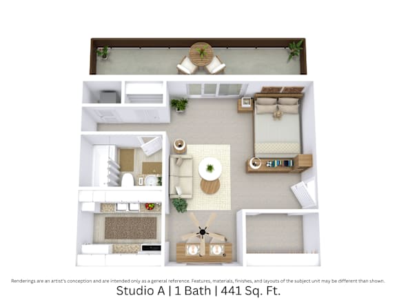 3D floor plan of the Studio A apartment showing layout and furniture across 441 sq. ft.