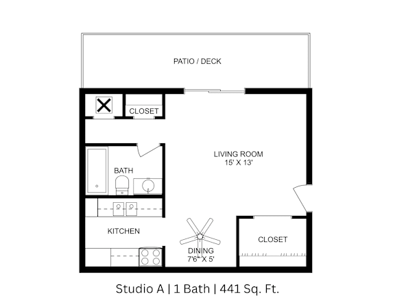 2D floor plan of the Studio A apartment showing labeled layout across 441 sq. ft.
