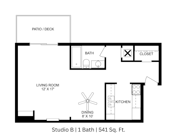 2D floor plan of the Studio B apartment showing labeled layout across 541 sq. ft.