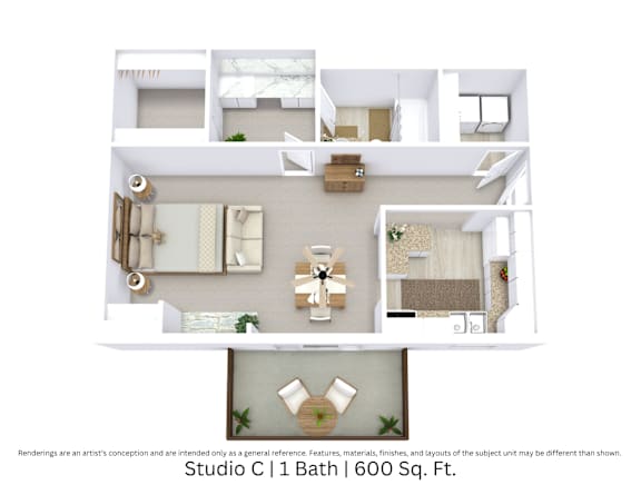 3D floor plan with an angled view of Studio C, showcasing furniture arrangement and spacious layout across 600 Sq. Ft.