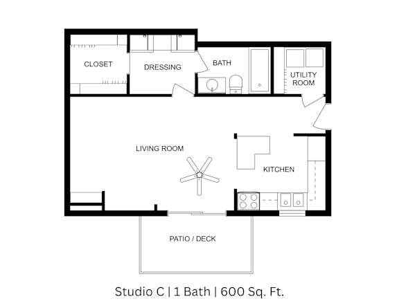 2D floor plan of the Studio C apartment showing labeled layout across 600 sq. ft.