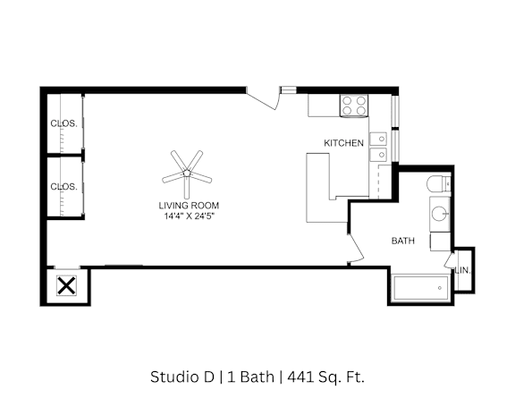 2D floor plan of the Studio D apartment showing labeled layout across 441 sq. ft.
