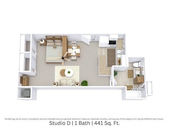 3D floor plan with an angled view of Studio D, showcasing furniture arrangement and spacious layout across 441 Sq. Ft.