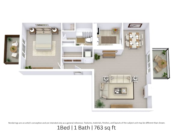 This is a 3D floor plan providing a detailed, angled view of the space with room layouts, furniture placement, and spatial flow. It features 1 bedroom and 1 bathroom.